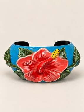 Vintage Turquoise Wood Hibiscus Cuff Bracelet Hand Painted Floral